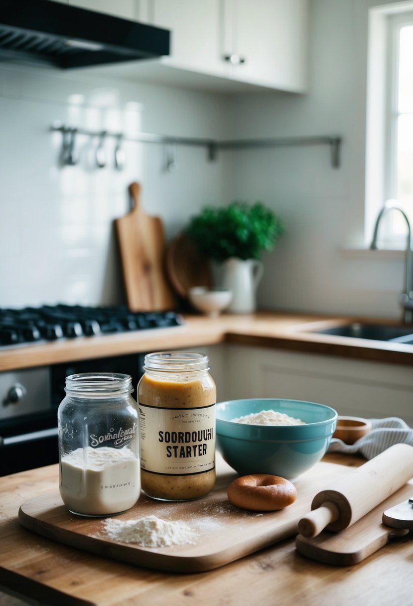 A kitchen counter with ingredients and tools for making sourdough bagels, including a jar of sourdough starter, flour, a mixing bowl, and a rolling pin