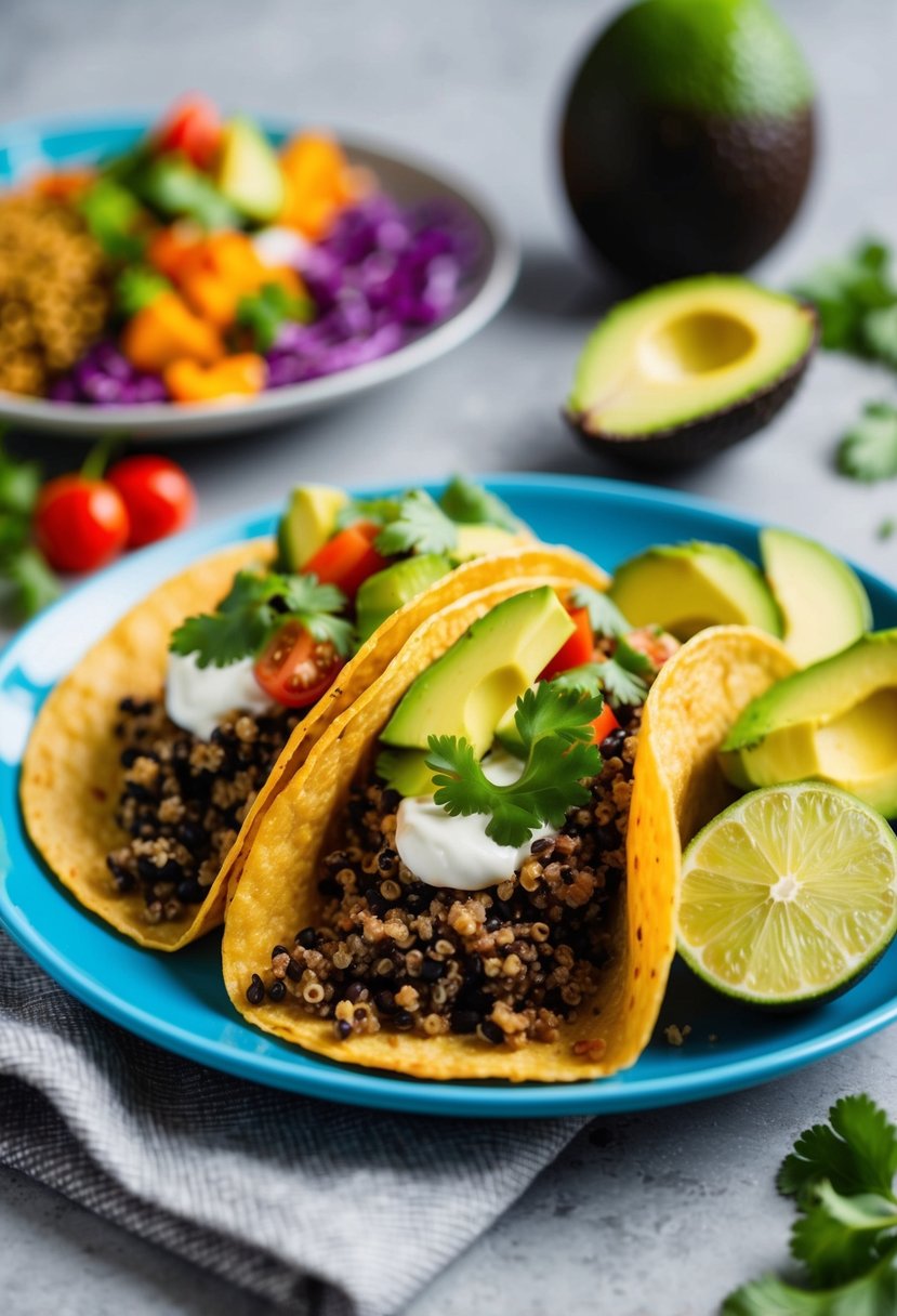 A colorful plate of quinoa black bean tacos with fresh vegetables and avocado on the side