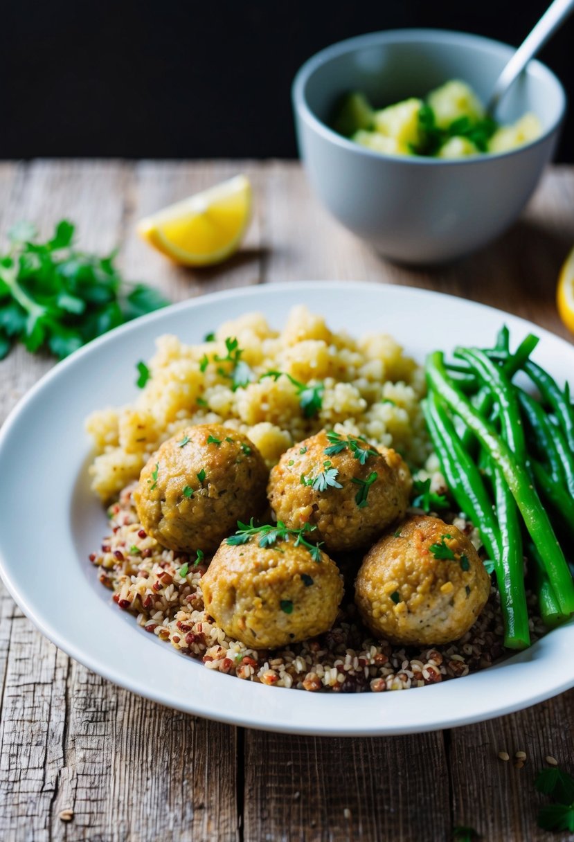 A plate of quinoa and turkey meatballs with a side of steamed vegetables and a sprinkle of fresh herbs