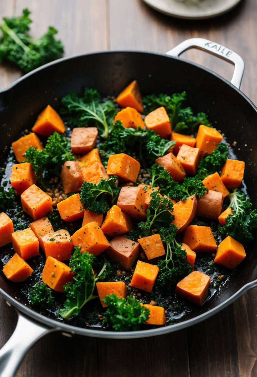 A sizzling skillet filled with diced sweet potatoes and kale, seasoned with herbs and spices