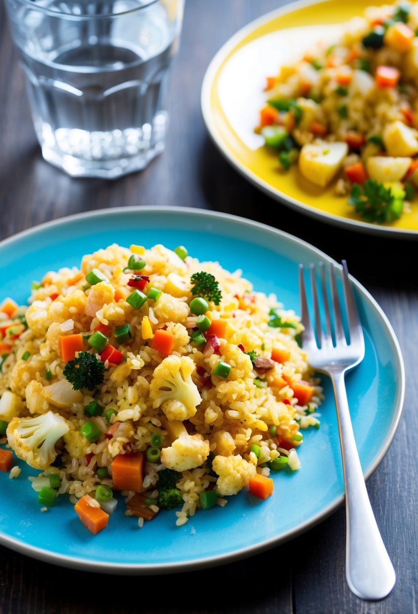 A colorful plate of cauliflower fried rice with a variety of vegetables and seasonings, served alongside a glass of water