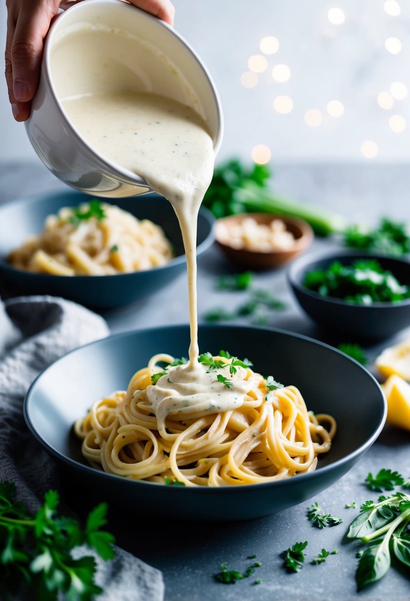 A bowl of cashew cream alfredo sauce being poured over a plate of heart-healthy, dairy-free pasta, with fresh herbs and vegetables scattered around