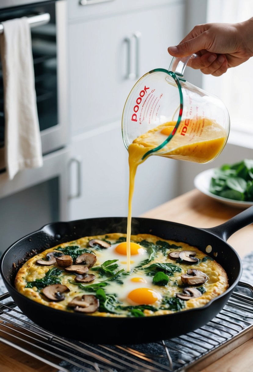 A skillet with sizzling mushrooms and spinach, eggs being poured in, and the frittata cooking in the oven