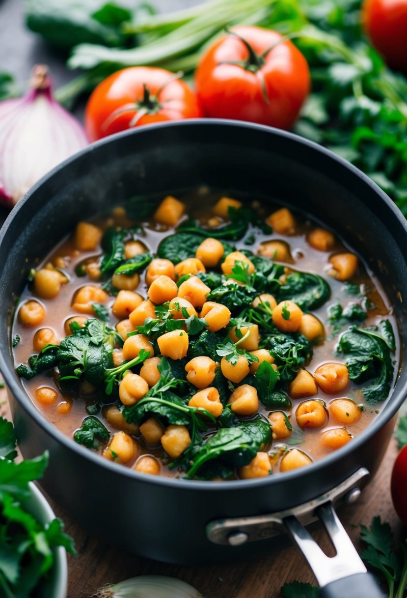 A simmering pot of chickpea and spinach stew surrounded by fresh ingredients like tomatoes, onions, and herbs