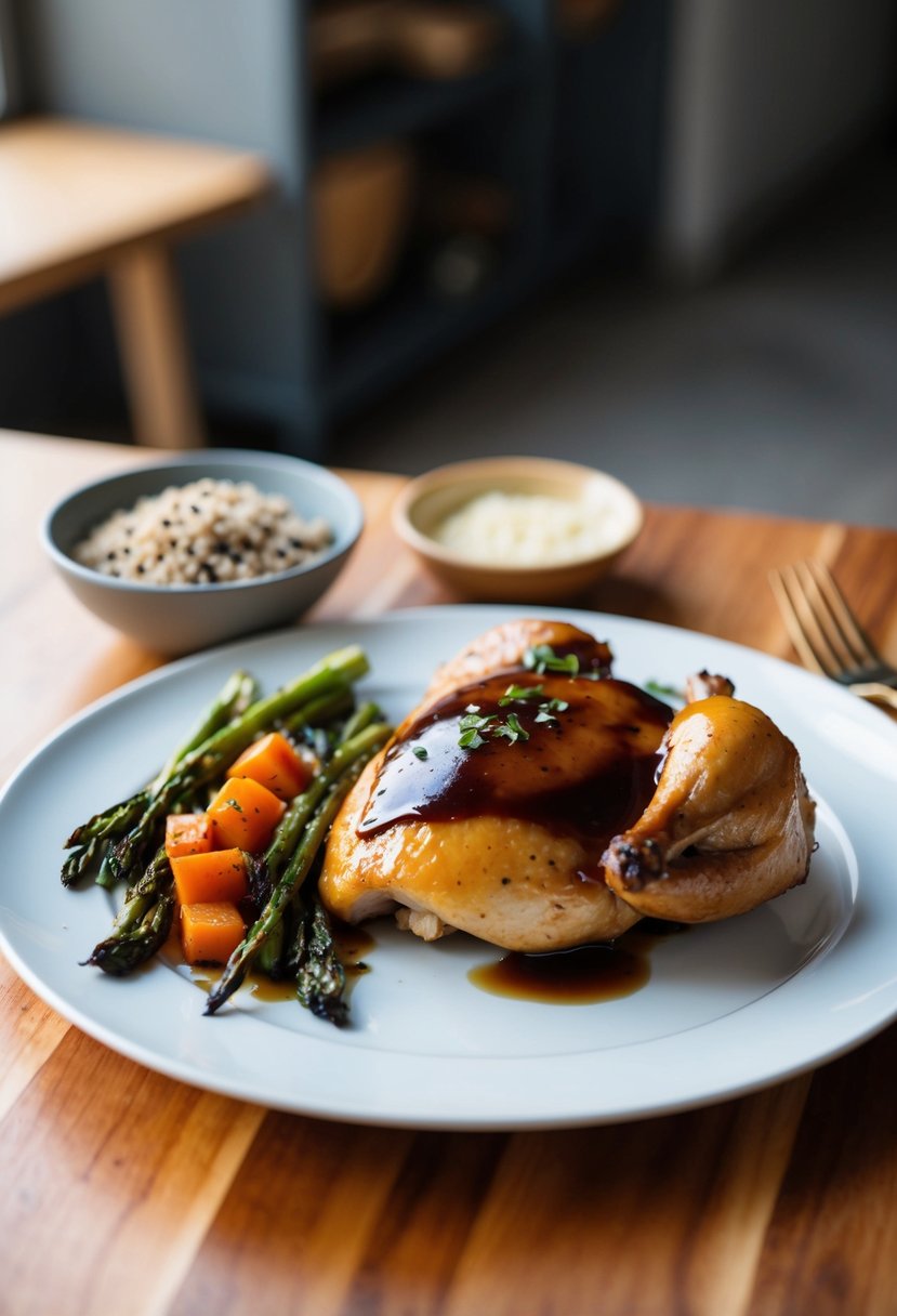 A plate of balsamic glazed chicken with a side of roasted vegetables and a small portion of quinoa