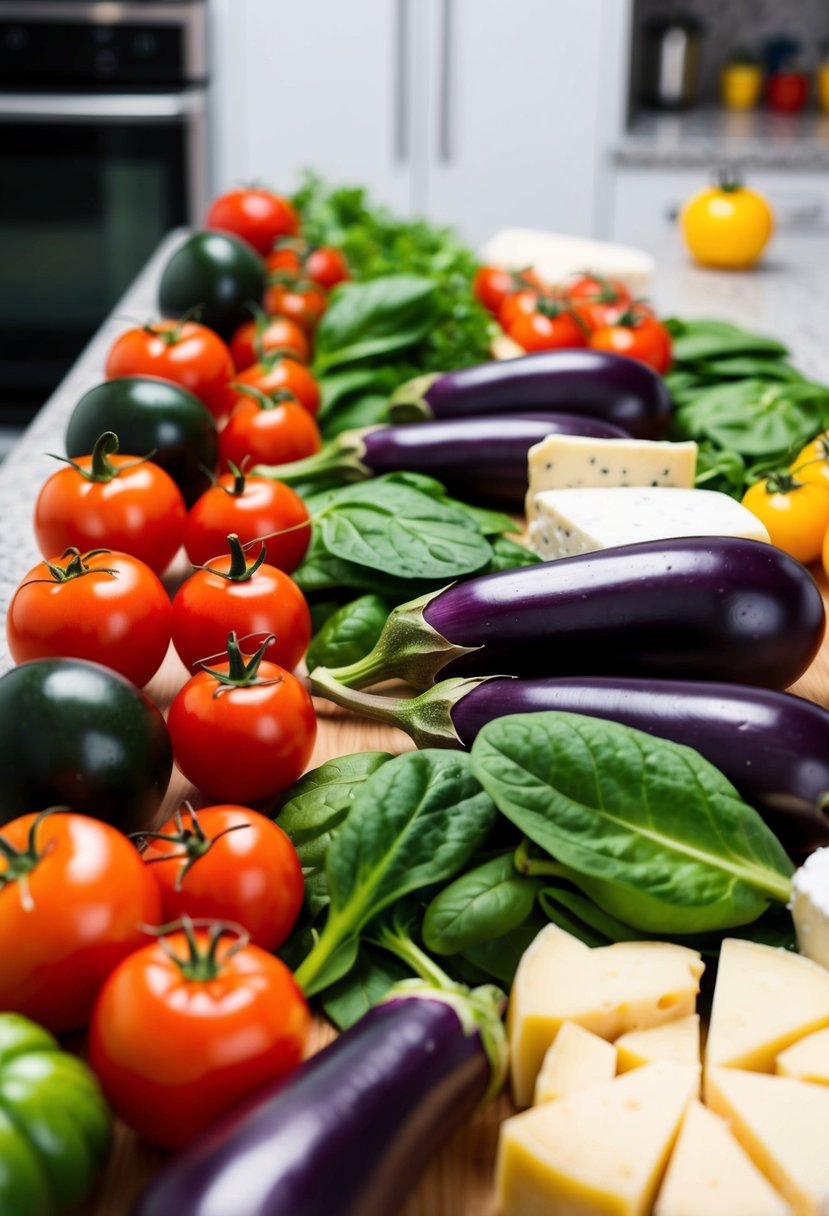 A colorful array of fresh eggplants, tomatoes, spinach, and cheese arranged on a kitchen counter