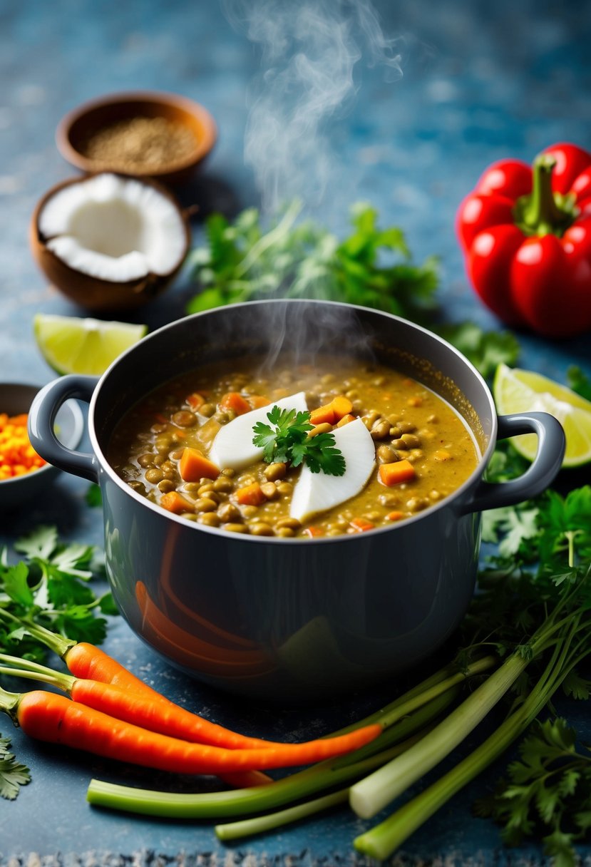 A steaming pot of coconut curry lentil soup surrounded by fresh vegetables and herbs