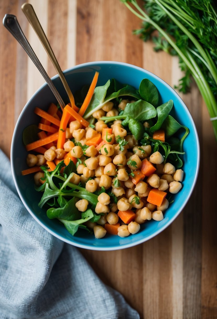 A colorful bowl filled with chickpeas, carrots, and fresh greens, drizzled with a light vinaigrette