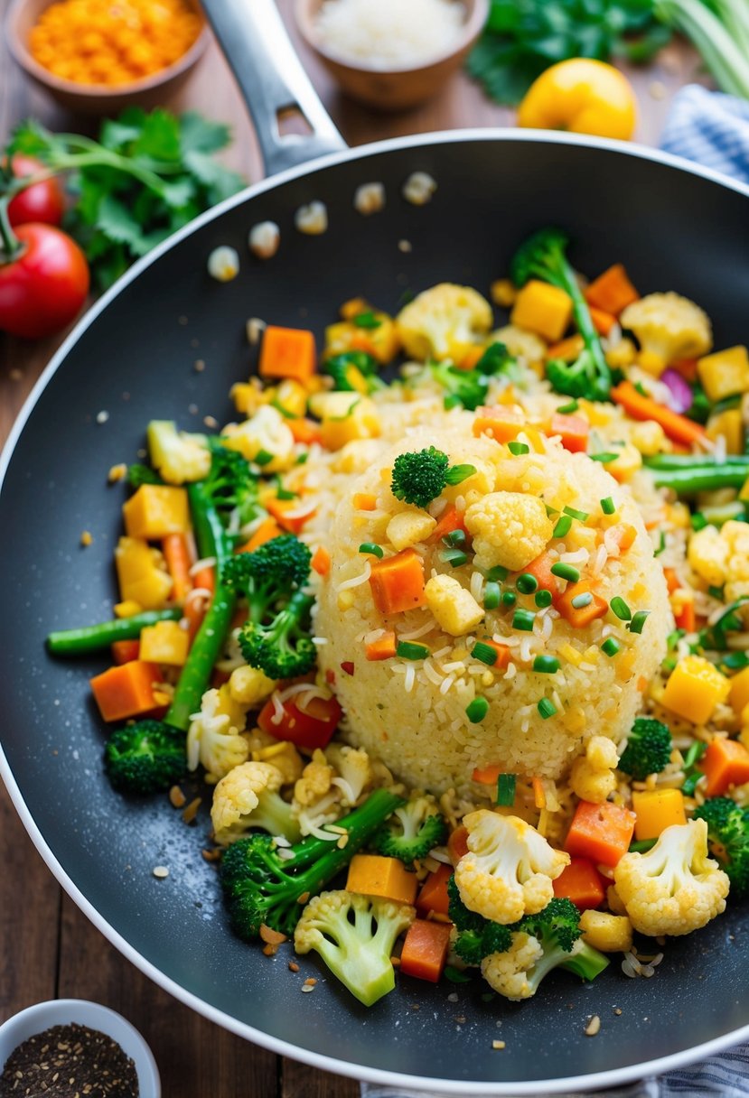 A sizzling pan of colorful vegetables and cauliflower rice stir fry, with a variety of heart-healthy ingredients and vibrant flavors