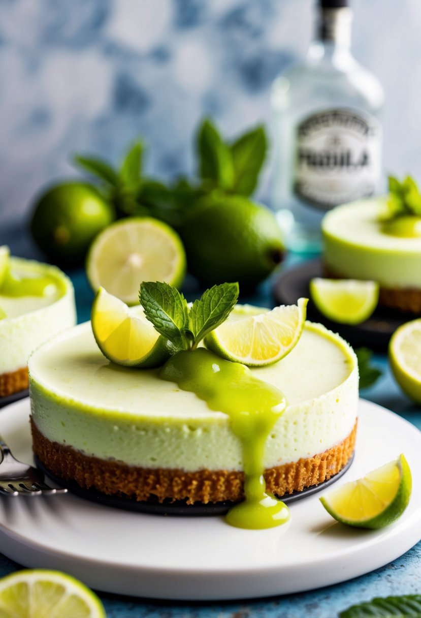 A vibrant, zesty lime cheesecake topped with a drizzle of tequila-infused sauce, garnished with lime wedges and fresh mint leaves