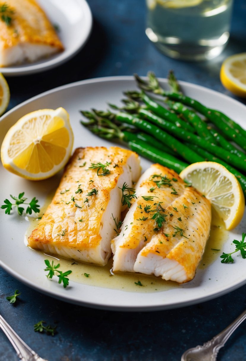 A plate of broiled tilapia garnished with herbs, accompanied by a side of steamed vegetables and a slice of lemon