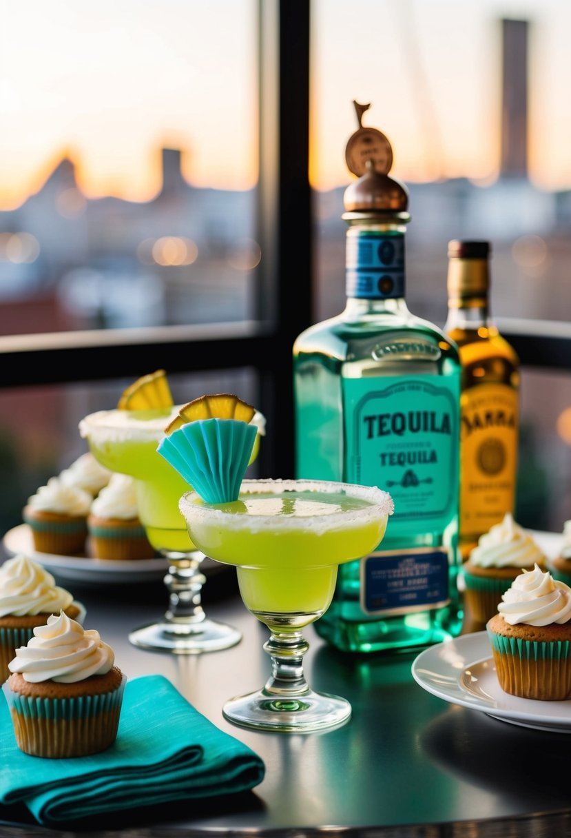 A table set with margarita cupcakes, tequila bottle, and dessert recipes