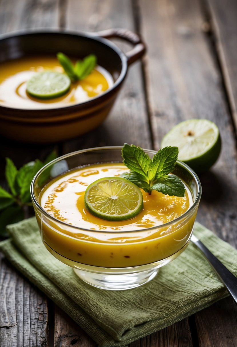 A glass dish of golden tequila-infused flan sits on a rustic wooden table, garnished with a slice of lime and a sprig of fresh mint