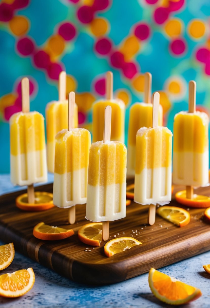 A set of Tequila Sunrise Popsicles arranged on a wooden serving board, garnished with orange slices and displayed against a vibrant backdrop