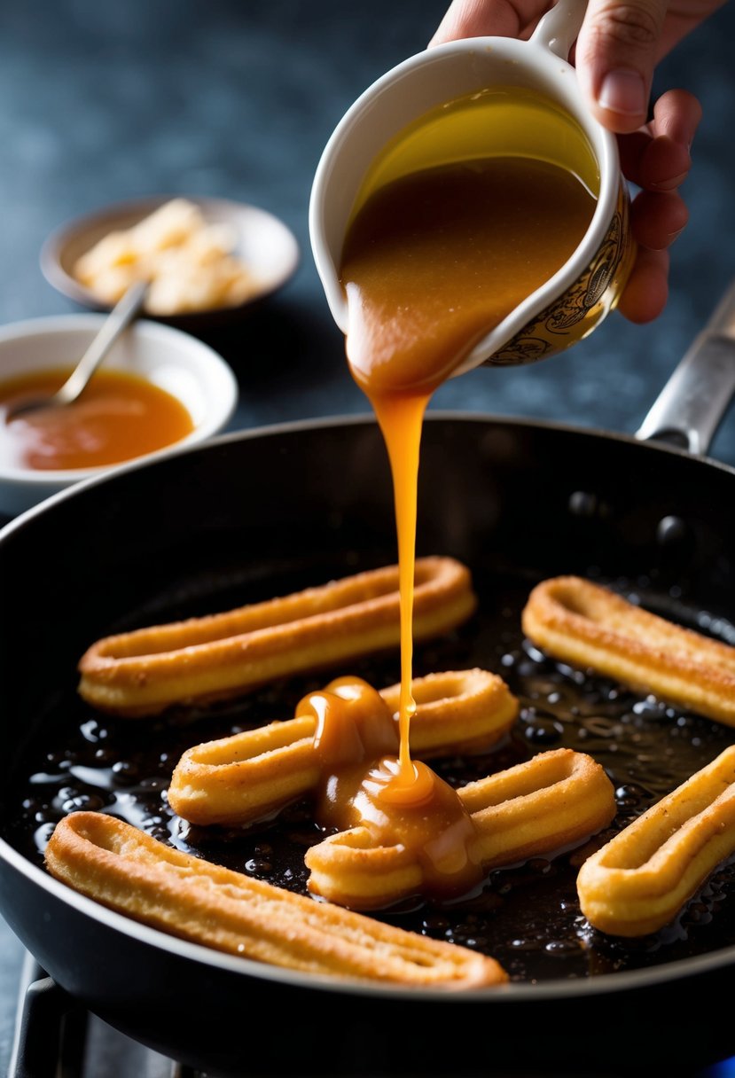 Golden churros sizzling in hot oil, being drizzled with tequila-infused caramel sauce