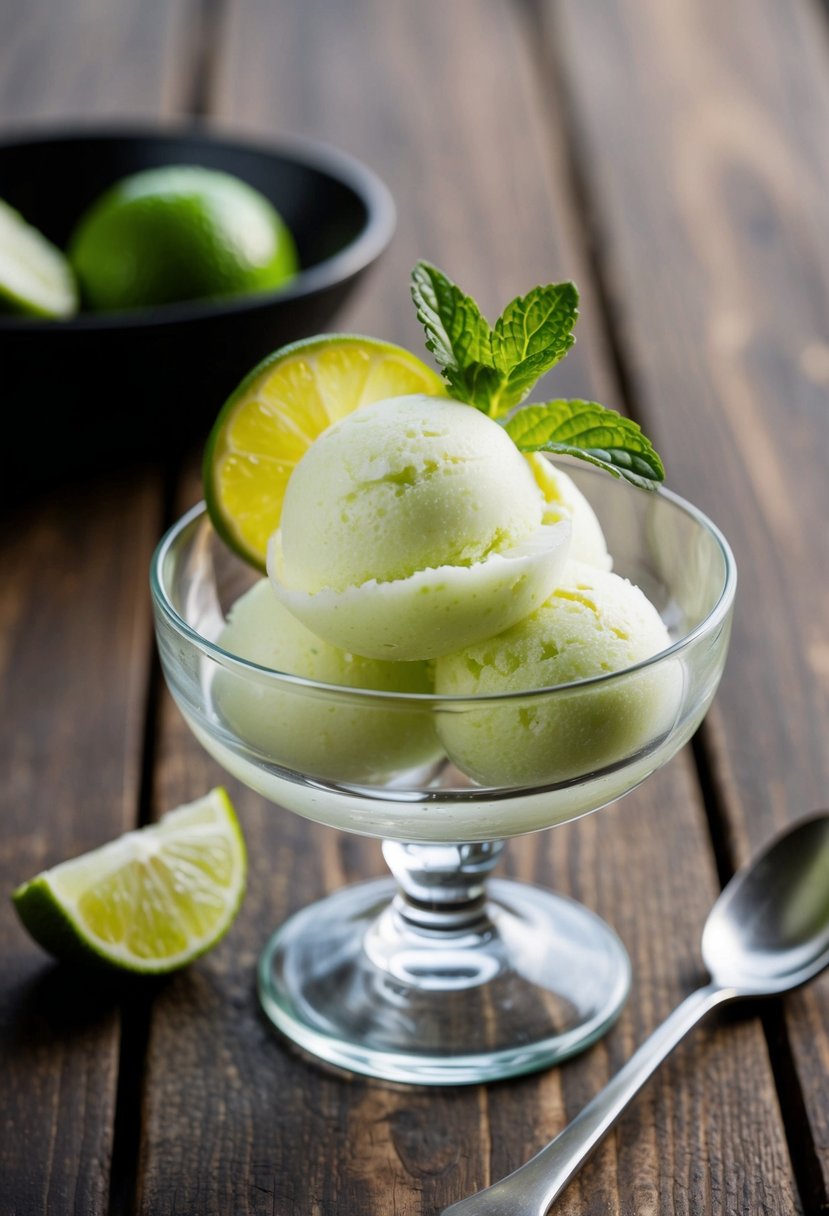 A glass bowl of tequila lime sorbet garnished with lime wedges and a sprig of mint on a wooden table