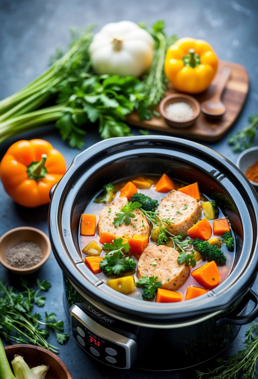 A crockpot filled with colorful vegetables and lean protein simmering in a savory broth, surrounded by fresh herbs and spices