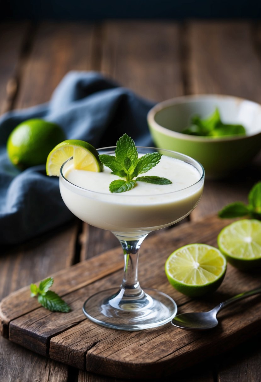 A glass of Agave Tequila Panna Cotta on a rustic wooden table, garnished with a slice of lime and a sprig of mint