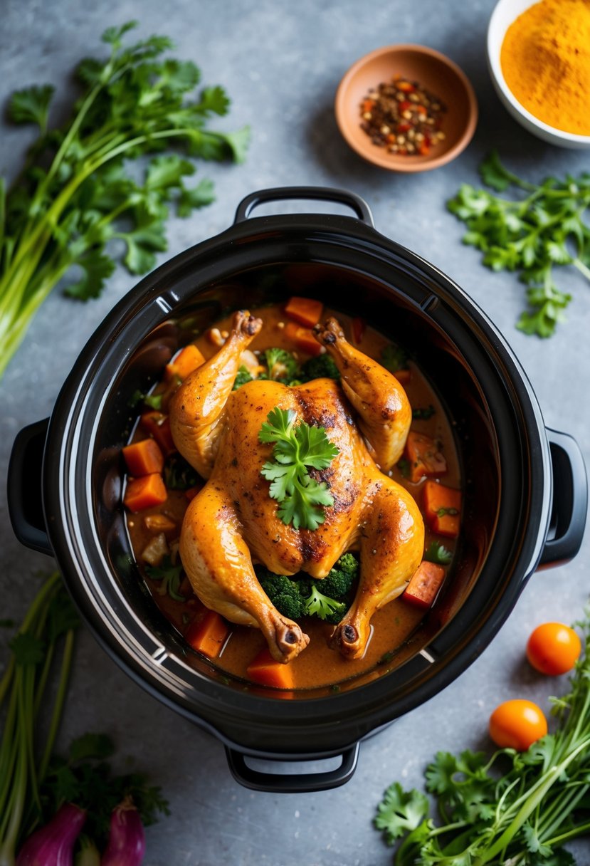 A crockpot filled with fragrant Moroccan chicken, surrounded by vibrant vegetables and aromatic spices