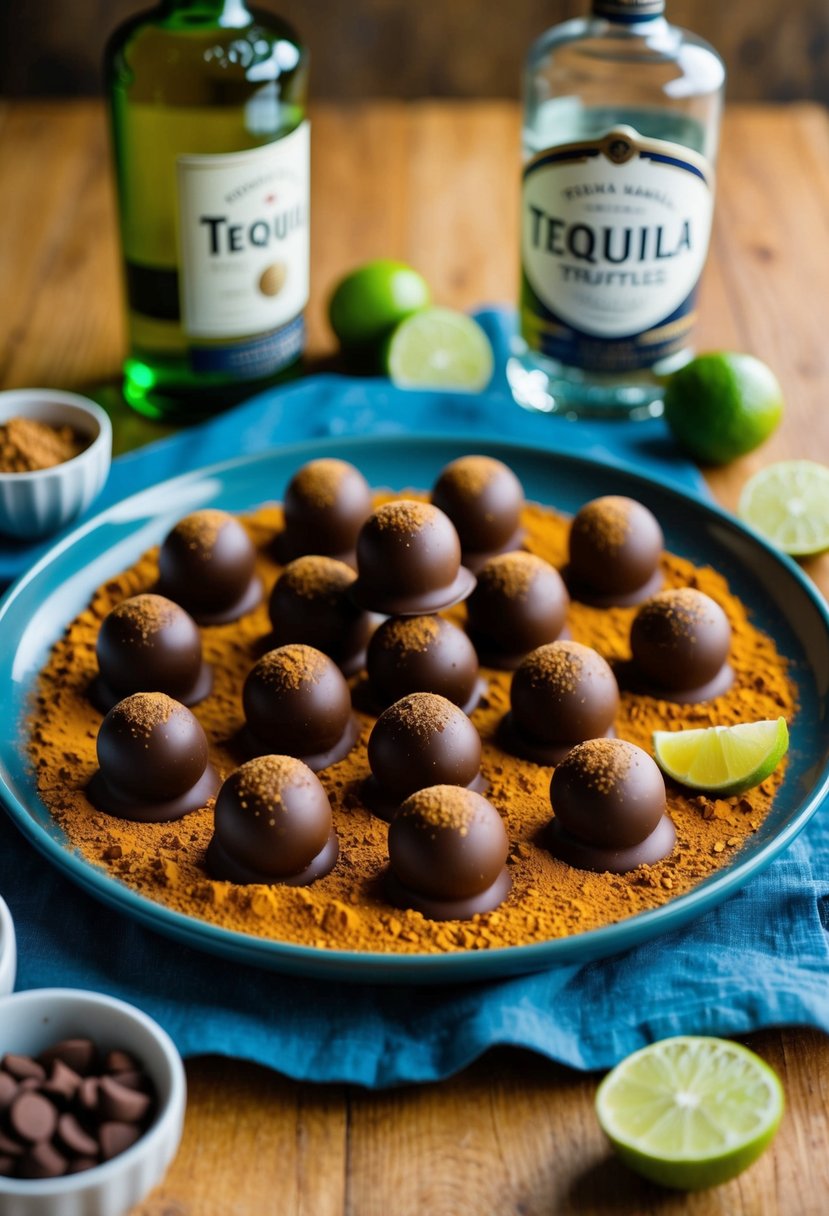 A platter of Tequila Chocolate Truffles surrounded by cocoa powder, with a bottle of tequila and a few lime wedges on the side