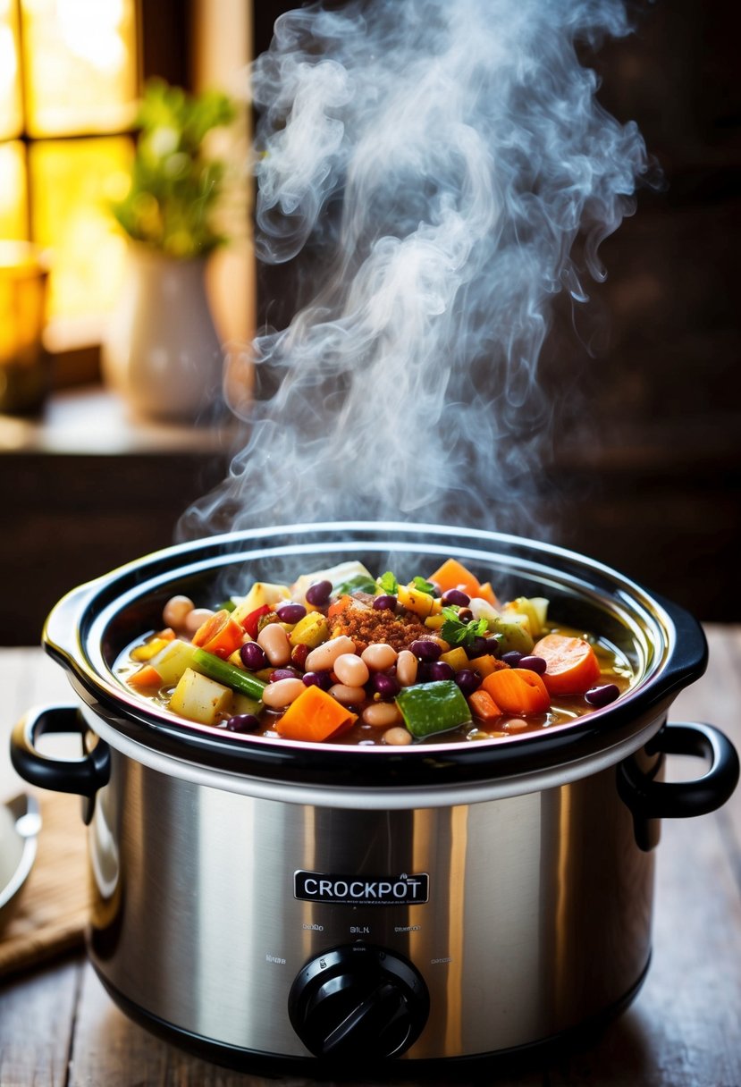 A bubbling crockpot filled with colorful vegetables, beans, and spices, emitting a savory aroma