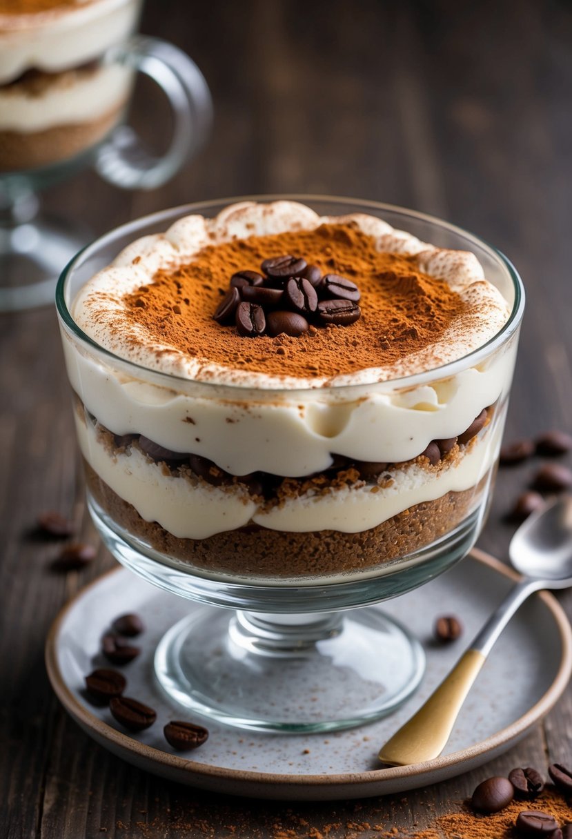 A decadent tiramisu dessert infused with tequila, layered in a glass dish, garnished with cocoa powder and coffee beans