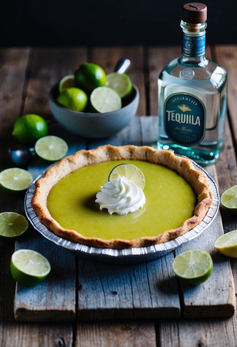 A rustic wooden table with a freshly baked tequila key lime pie surrounded by sliced limes, a bottle of tequila, and a dollop of whipped cream