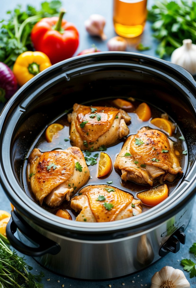 Chicken thighs simmer in a crockpot with honey and garlic, surrounded by colorful vegetables and herbs