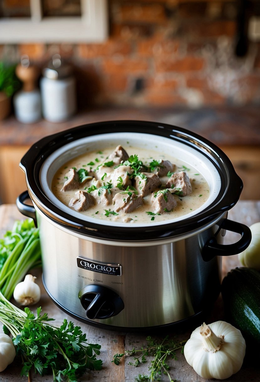 A crockpot filled with creamy Beef Stroganoff surrounded by fresh vegetables and herbs on a rustic kitchen counter