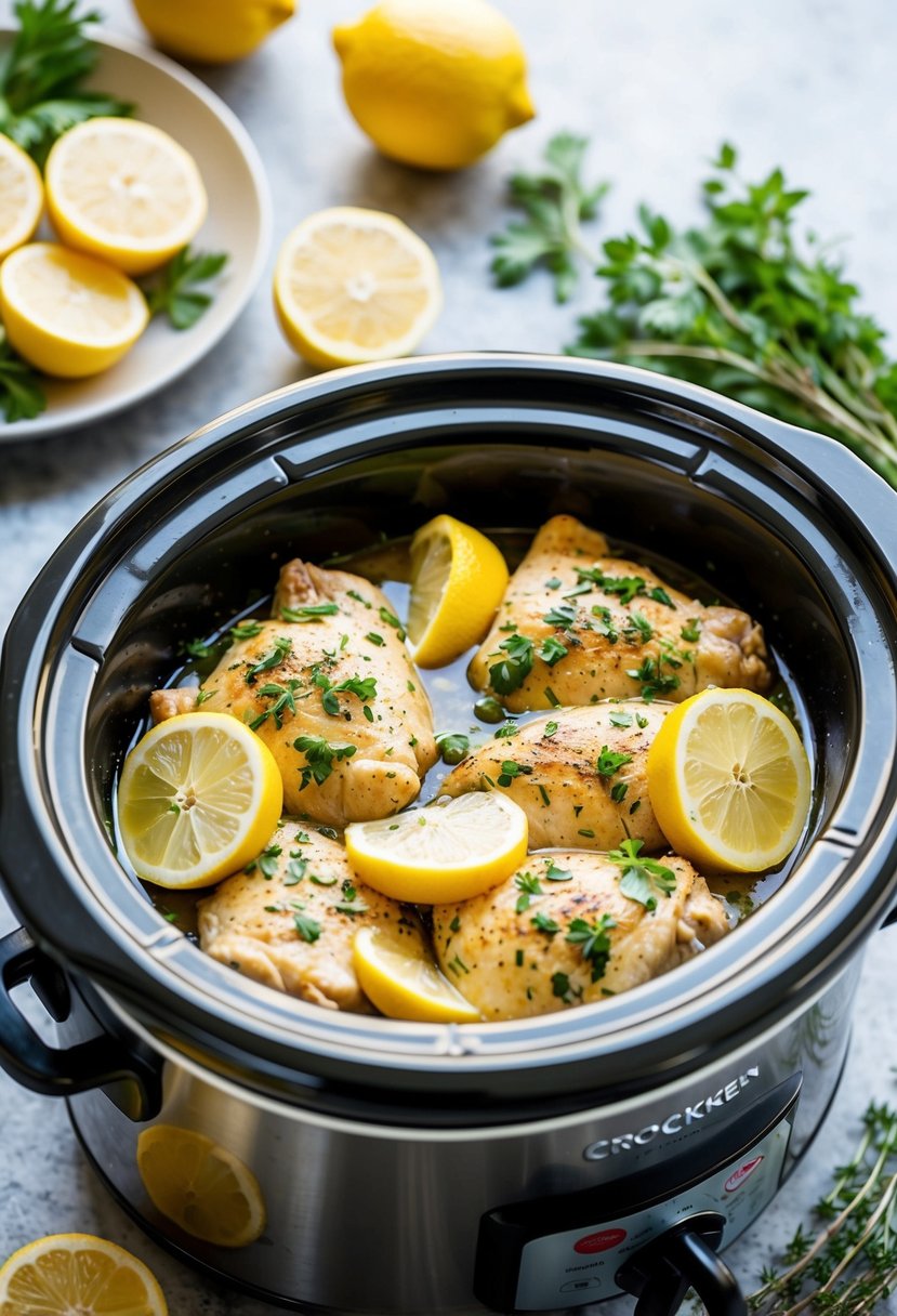 A crockpot filled with lemon herb chicken, surrounded by fresh herbs and sliced lemons, steaming and ready to serve