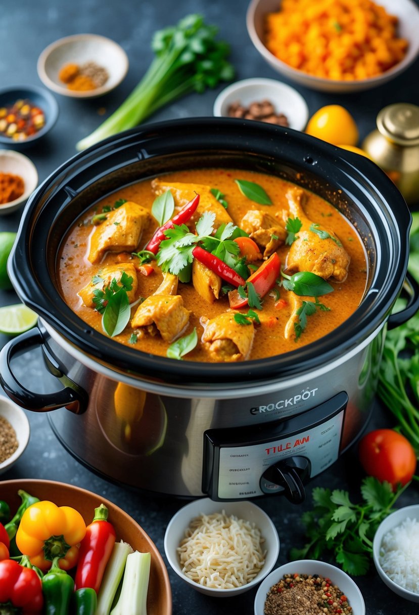 A crockpot simmering with vibrant Thai chicken curry, surrounded by colorful vegetables and aromatic spices