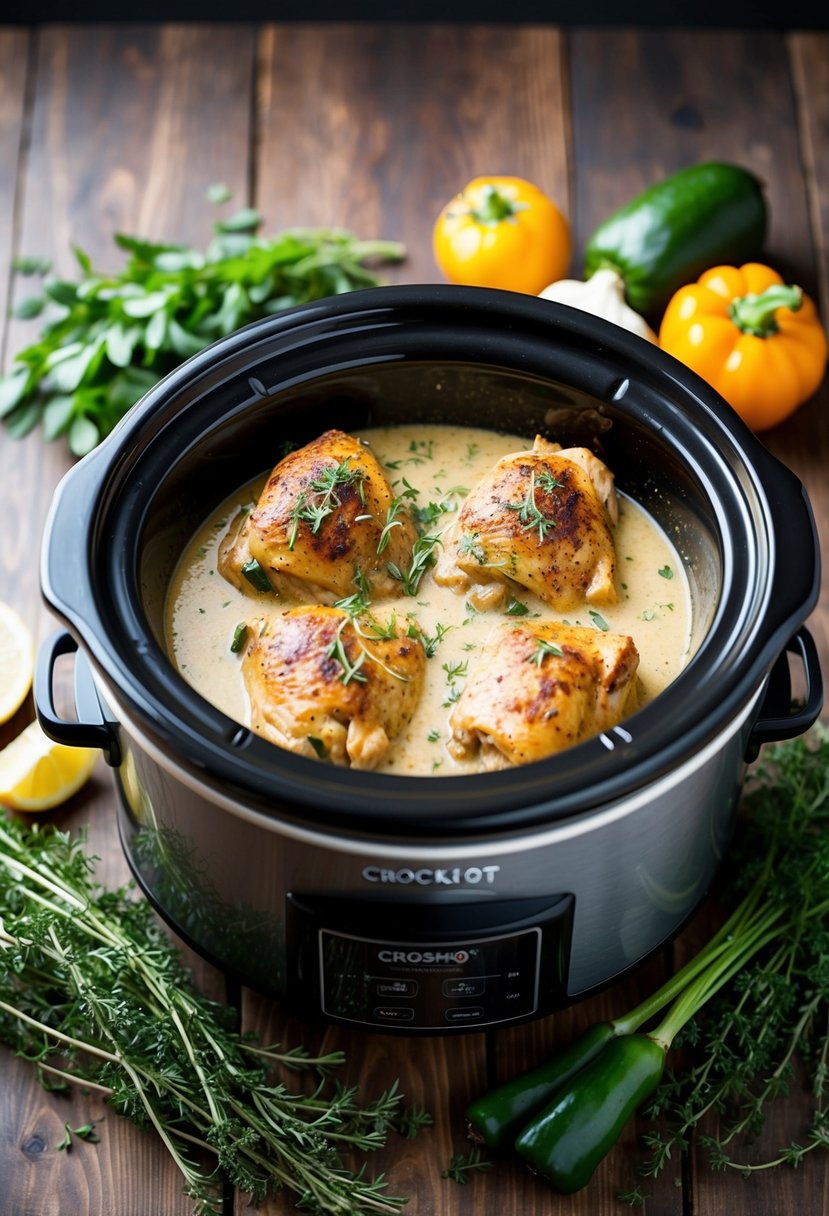 A crockpot simmering with creamy Tuscan chicken surrounded by fresh herbs and vegetables