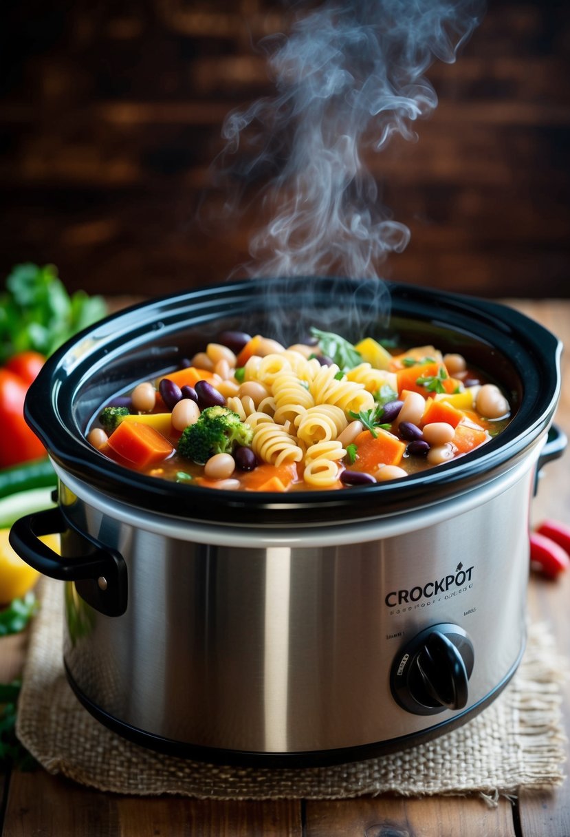 A bubbling crockpot filled with colorful vegetables, beans, and pasta, emitting a savory aroma