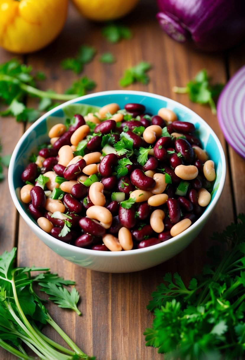 A colorful bowl of kidney beans salad surrounded by fresh vegetables and herbs on a wooden table