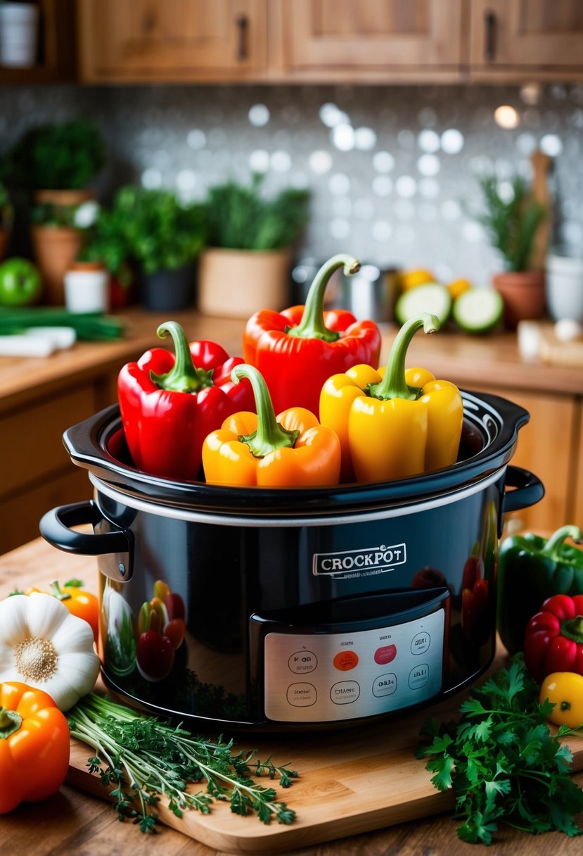 A crockpot filled with colorful stuffed bell peppers, surrounded by fresh vegetables and herbs on a wooden kitchen counter