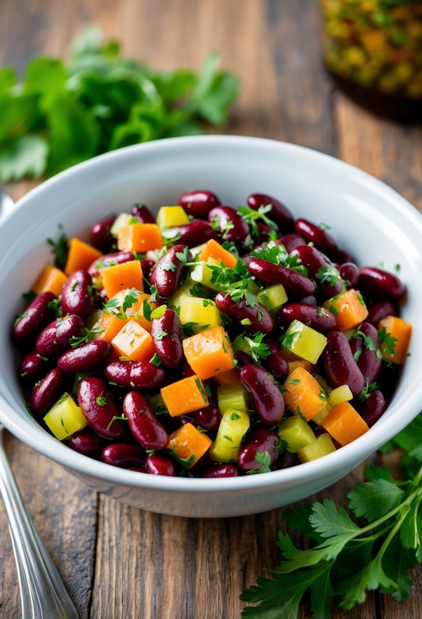 A colorful mix of kidney beans, diced vegetables, and herbs tossed in a tangy vinaigrette, served in a white ceramic bowl