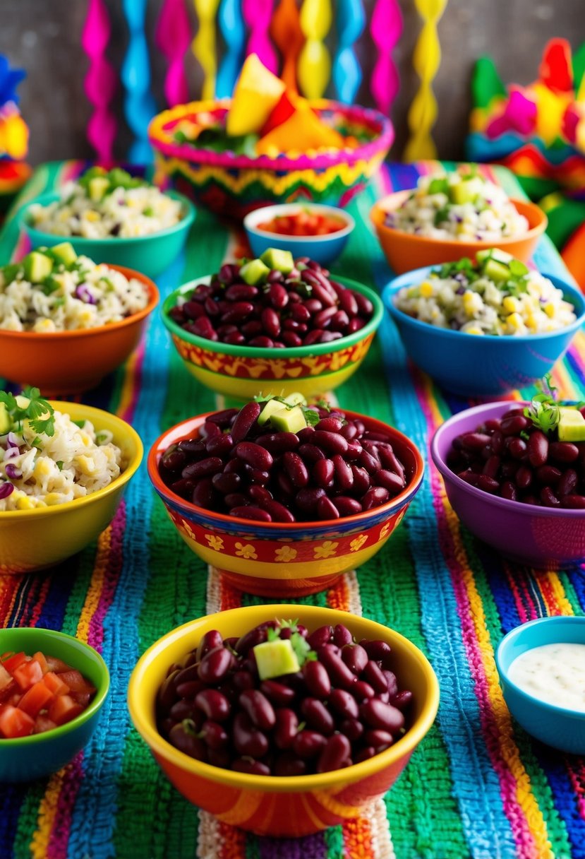 A colorful fiesta-themed table with a variety of kidney bean salads, surrounded by festive decorations and vibrant Mexican flair