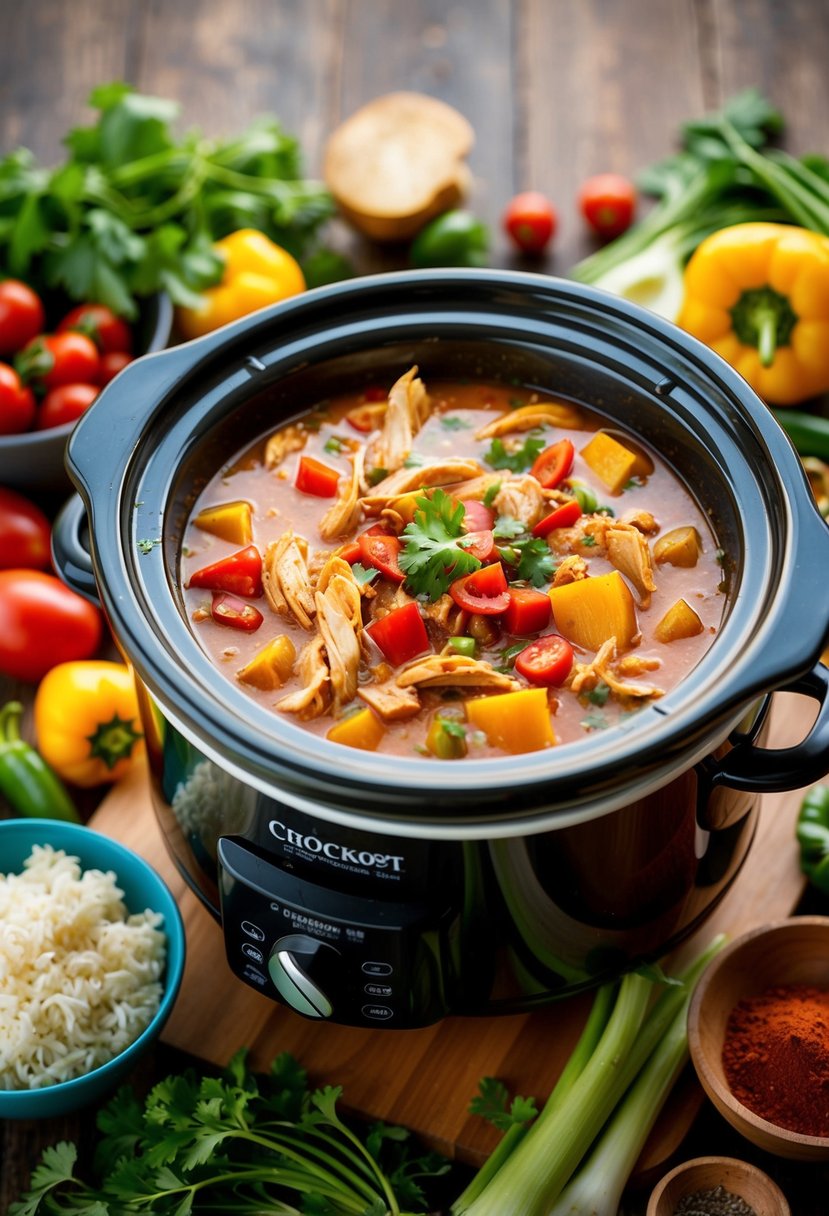 A colorful crockpot filled with simmering chicken fajita soup surrounded by fresh vegetables and spices