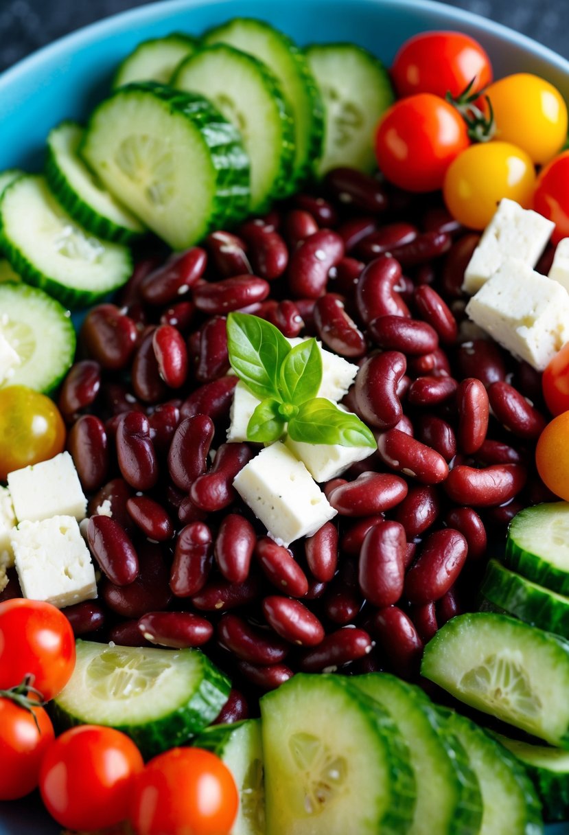 A colorful array of kidney beans, tomatoes, cucumbers, and feta cheese arranged in a vibrant Mediterranean-inspired salad