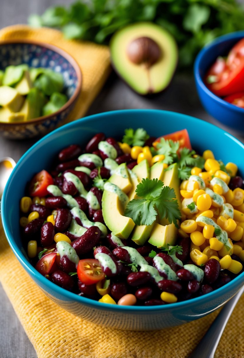 A colorful bowl filled with spicy kidney beans, corn, avocado, and tomatoes, topped with a sprinkle of cilantro and a drizzle of tangy dressing