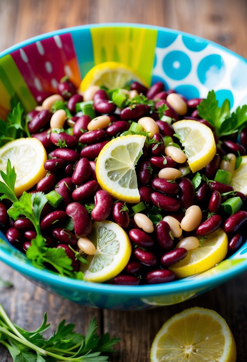 A colorful mix of kidney beans, lemon slices, and fresh herbs arranged in a vibrant salad bowl