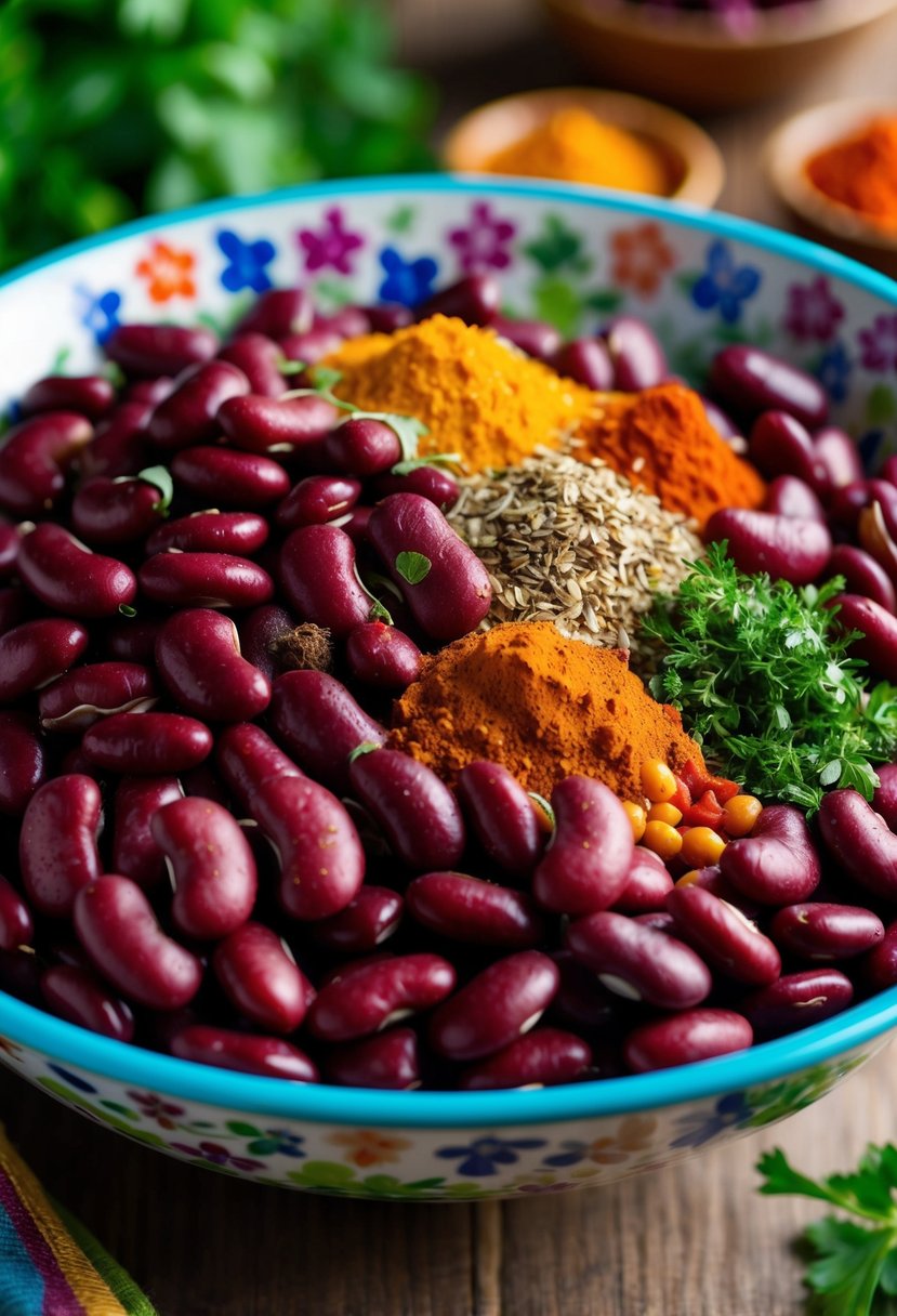 A colorful array of kidney beans, mixed with vibrant spices and herbs, arranged in a decorative bowl