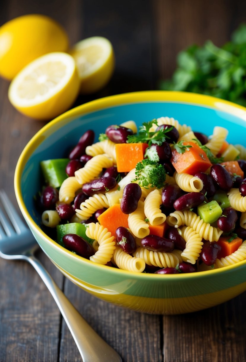 A colorful bowl filled with kidney beans, pasta, and assorted vegetables, tossed together in a light vinaigrette dressing