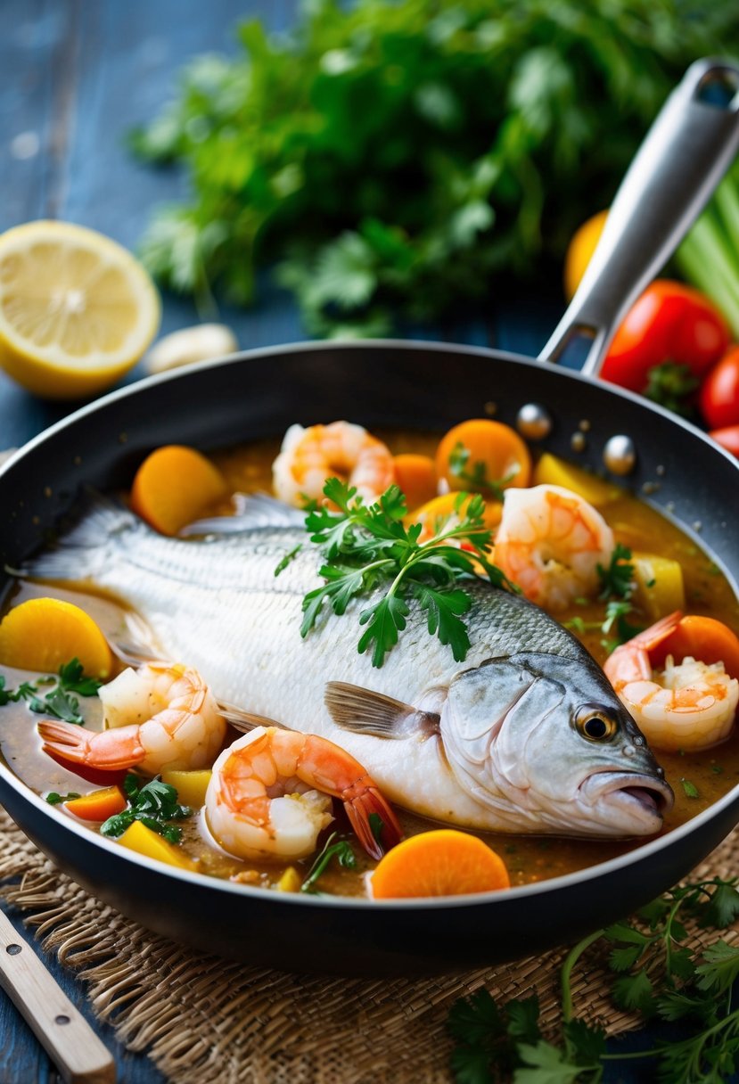 A white fish and shrimp simmering in a savory sauce with colorful vegetables and aromatic herbs