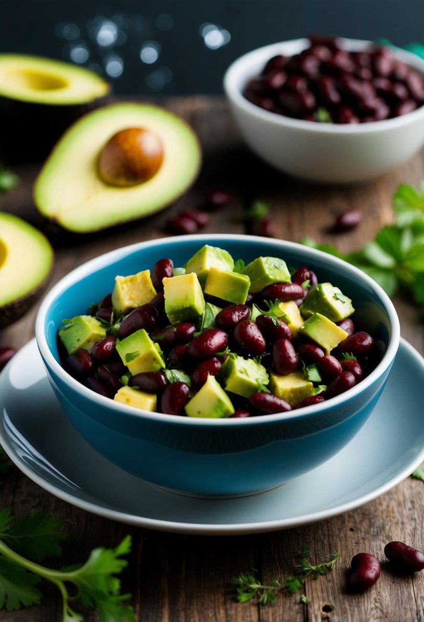 A bowl of kidney bean and avocado salad, with fresh ingredients scattered around