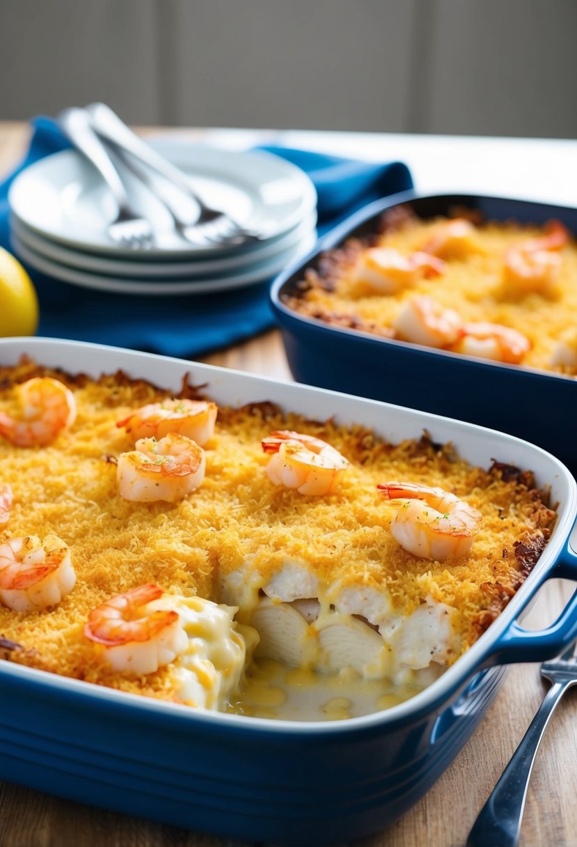 A baking dish filled with layers of baked cod, shrimp, and creamy casserole sauce, topped with a golden breadcrumb crust