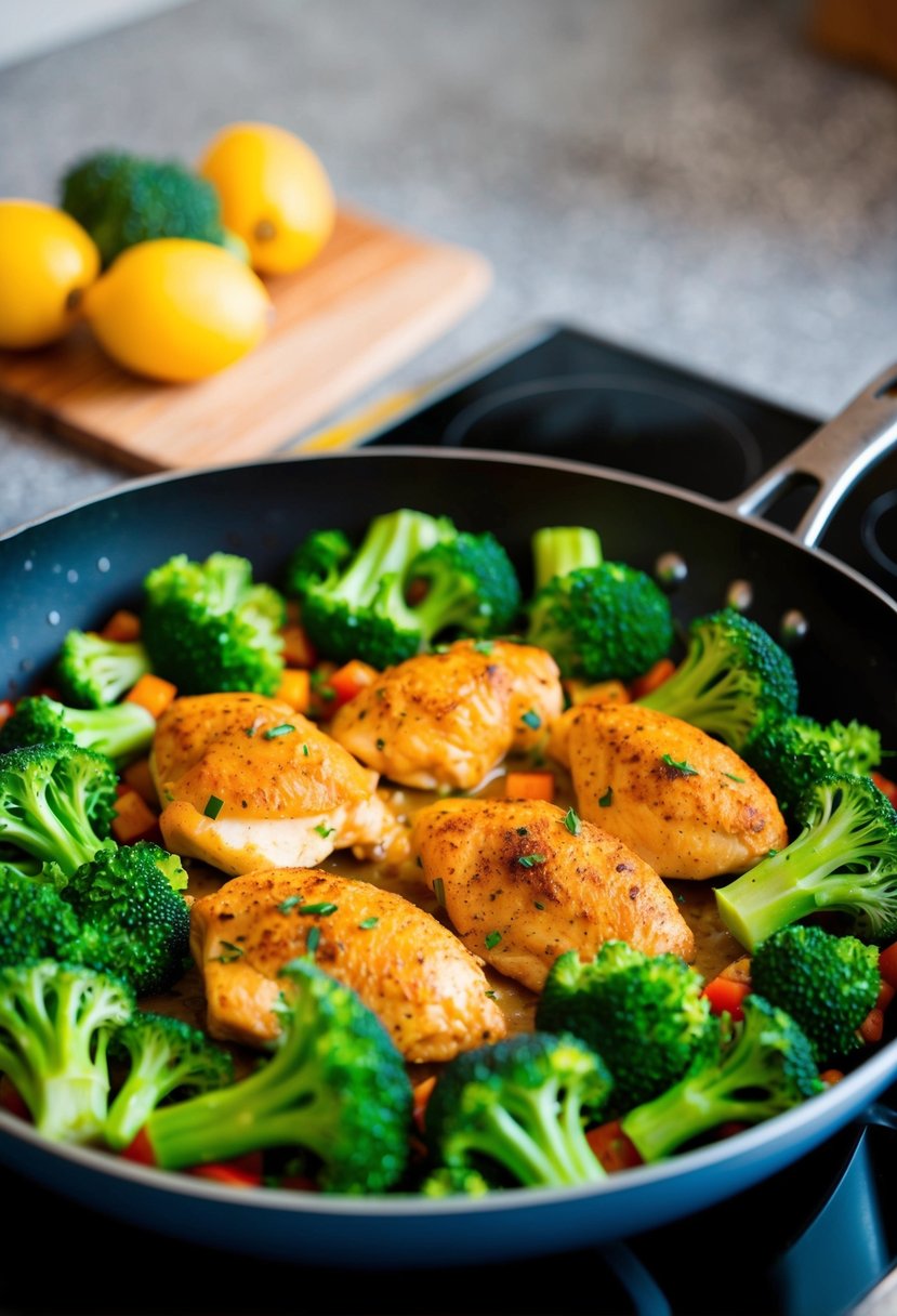 A colorful array of fresh broccoli and seasoned chicken sizzling in a skillet on a stovetop