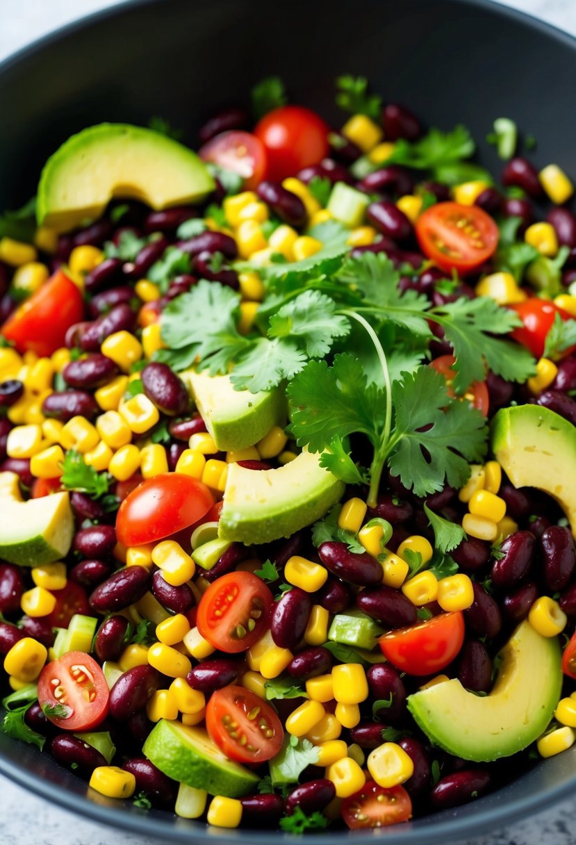 A colorful Tex-Mex salad with kidney beans, corn, tomatoes, avocado, and cilantro, all mixed together in a large bowl