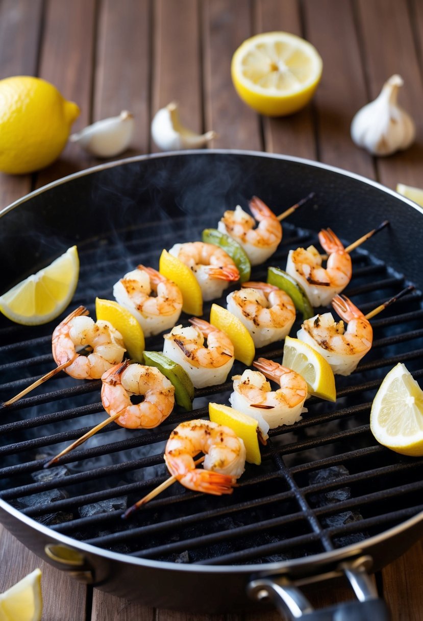 A sizzling grill with skewers of lemon garlic shrimp and white fish. Lemon wedges and garlic cloves scattered around