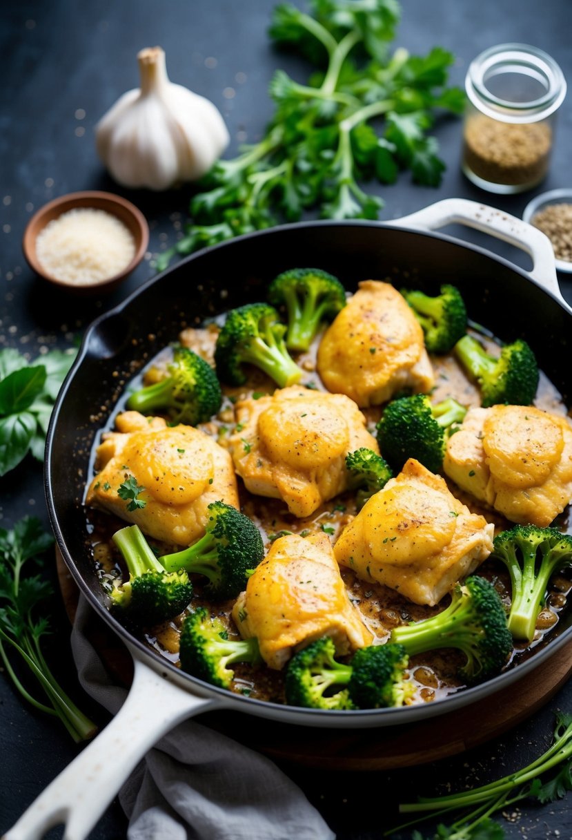 A sizzling skillet of garlic parmesan chicken and broccoli, surrounded by vibrant green herbs and spices